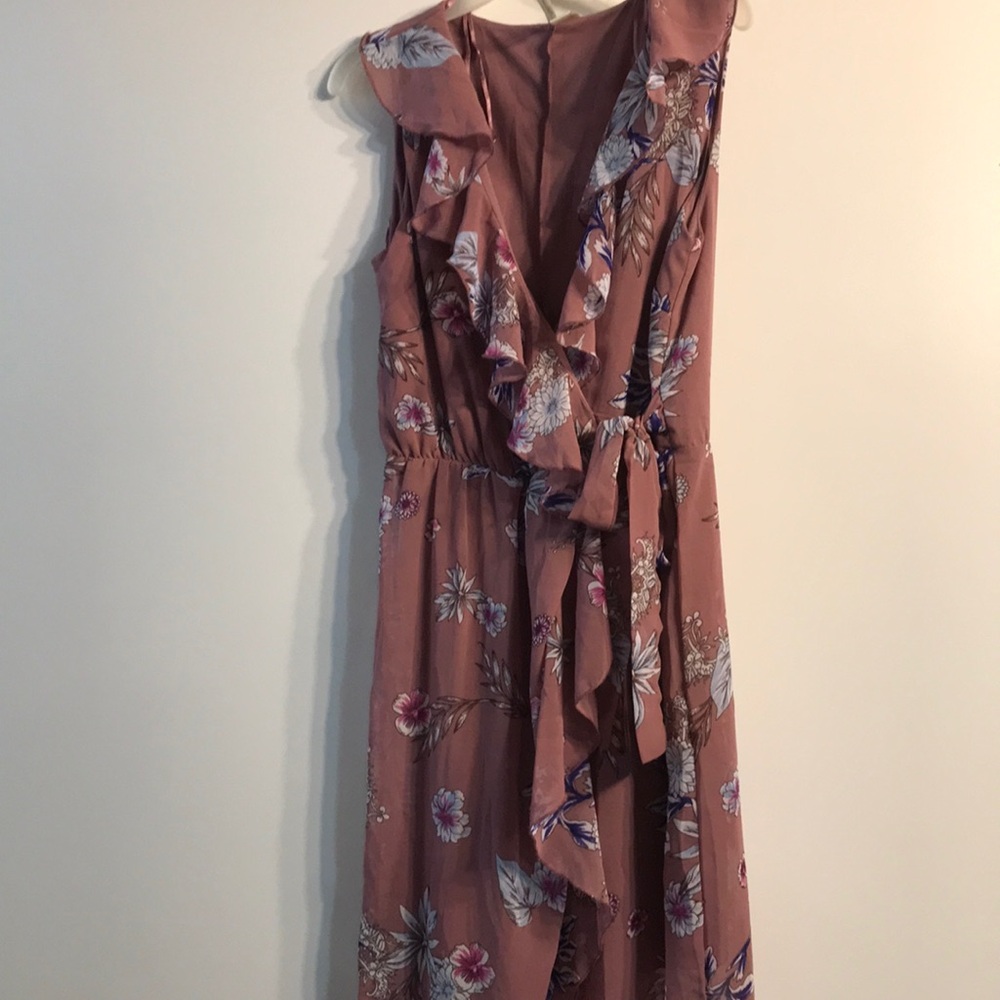 Sleeveless Pink Floral Ruffle Tie-Waist Midi Dress
